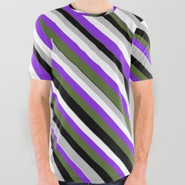 [ Thumbnail: Eye-catching Grey, White, Purple, Dark Olive Green, and Black Colored Lined/Striped Pattern All Over Graphic Tee ]