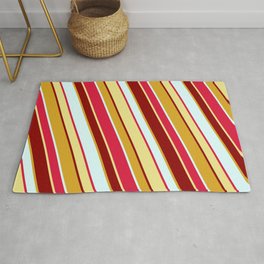 [ Thumbnail: Crimson, Tan, Dark Red, Goldenrod, and Light Cyan Colored Lines Pattern Rug ]