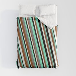 [ Thumbnail: Eyecatching Aquamarine, Gray, Brown, Mint Cream, and Black Colored Striped/Lined Pattern Duvet Cover ]