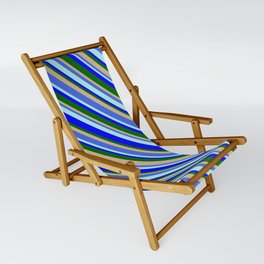 [ Thumbnail: Eye-catching Tan, Royal Blue, Turquoise, Blue & Dark Green Colored Pattern of Stripes Sling Chair ]