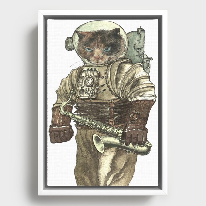 Space Cat with Saxophone Framed Canvas