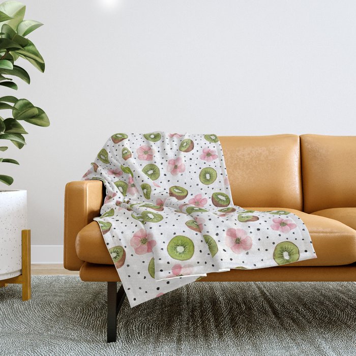 Kiwis with blush pink flowers and black dots watercolor Throw Blanket