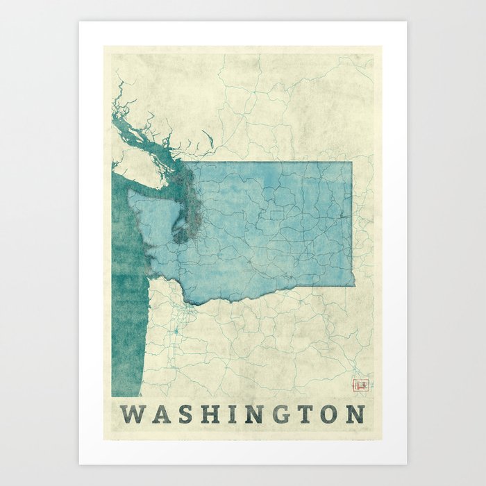 Washington State Map Blue Vintage Art Print