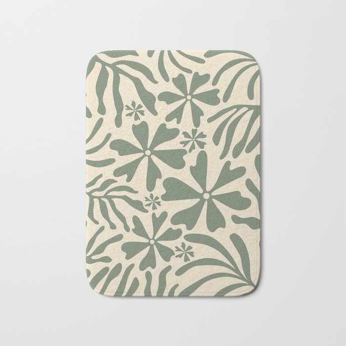 Groovy Flowers and Leaves in Green and Cream Bath Mat