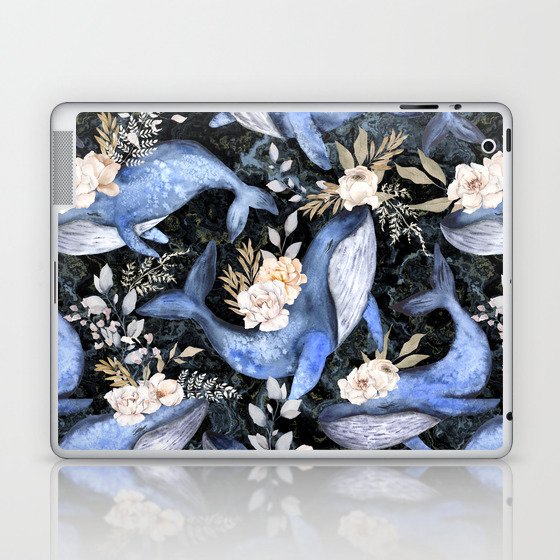 Watercolor Blue Whales with Flowers - Florals Whales Marine Laptop & iPad Skin