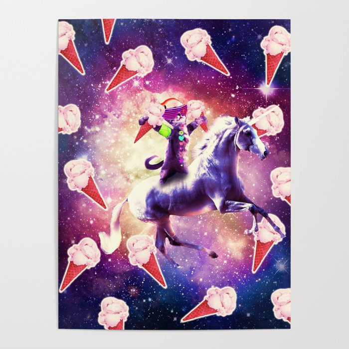Rave Space Cat On Unicorn - Ice Cream Poster