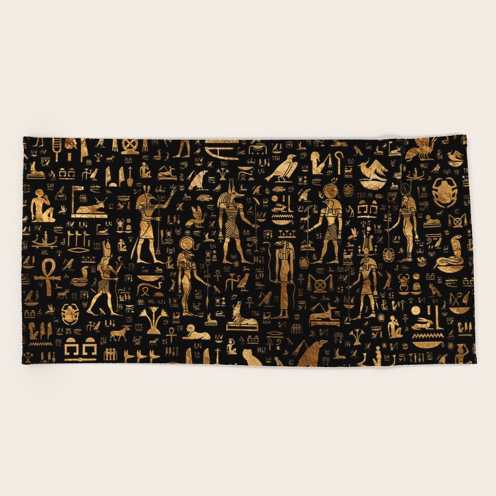Ancient Egyptian Hieroglyphics Obsidian Copper Beach Towel by Guy Blank