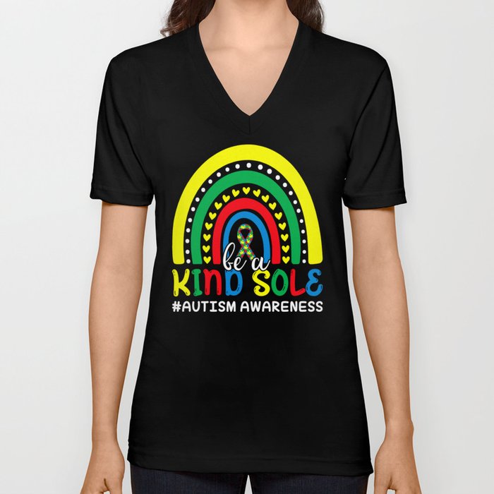 Be A Kind Sole: World Autism Awareness Day Gift, Puzzle Ribbon Colorful Rainbow V Neck T Shirt