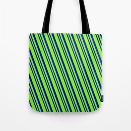 [ Thumbnail: Chartreuse & Blue Colored Lined Pattern Tote Bag ]