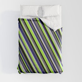 [ Thumbnail: Colorful Midnight Blue, Light Gray, Light Green, Black, and Dim Grey Colored Stripes/Lines Pattern Duvet Cover ]