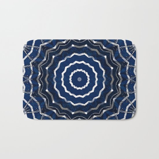 Blue stripes on white grunge textured kaleidoscope Bath Mat