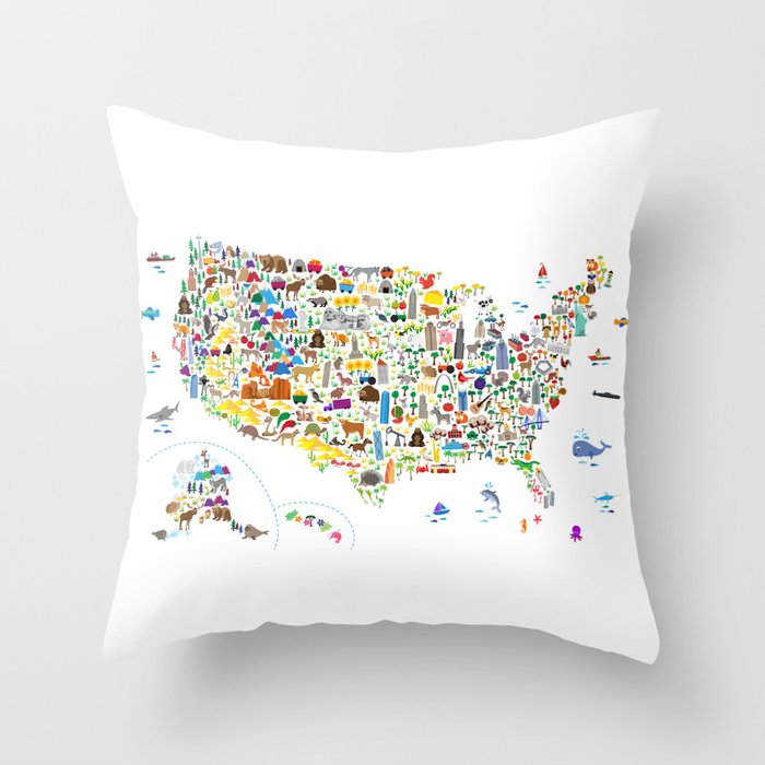 Animal Map of United States for children and kids Throw Pillow