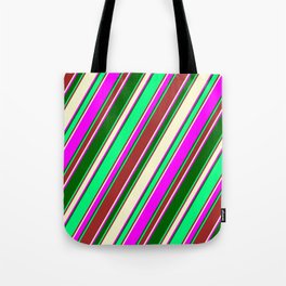 [ Thumbnail: Eyecatching Green, Brown, Light Yellow, Fuchsia, and Dark Green Colored Stripes Pattern Tote Bag ]