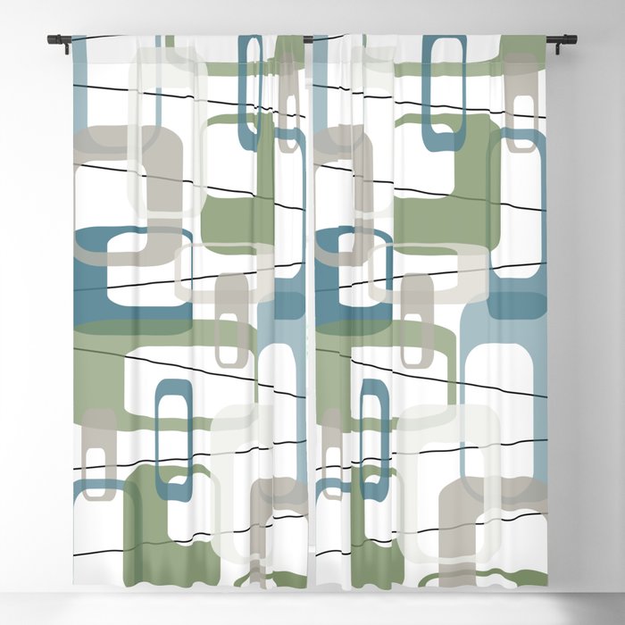 Minimalist Retro Mid Century in Modern Peacock Teal Blue Dill Garden Green and Gray Blackout Curtain