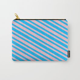 [ Thumbnail: Pink and Deep Sky Blue Colored Striped Pattern Carry-All Pouch ]