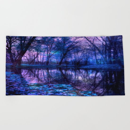 Enchanted Forest Lake Purple Blue Beach Towel