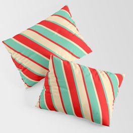 [ Thumbnail: Aquamarine, Red & Beige Colored Stripes Pattern Pillow Sham ]