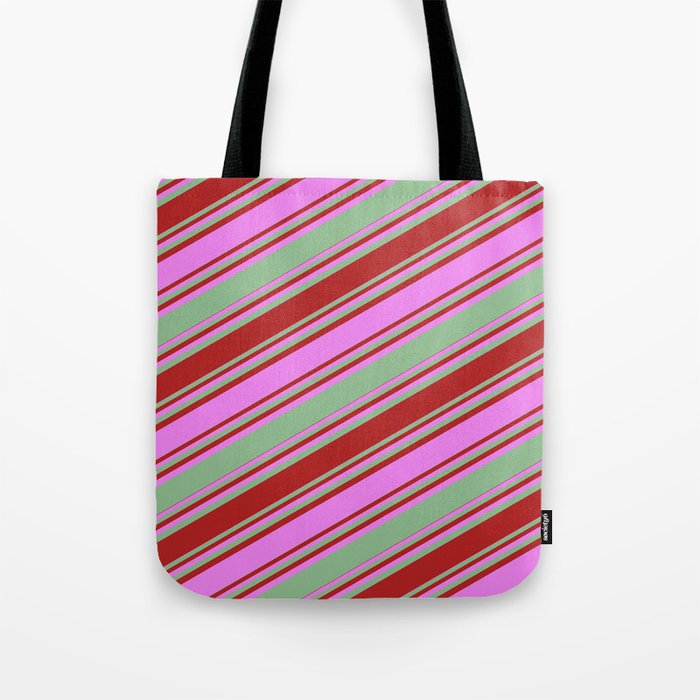 Dark Sea Green, Red, and Violet Colored Stripes Pattern Tote Bag