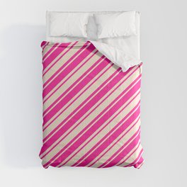 [ Thumbnail: Beige and Deep Pink Colored Striped/Lined Pattern Comforter ]
