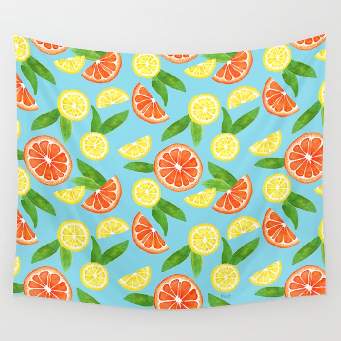 Summer Citrus and Leaves - Blue Wall Tapestry