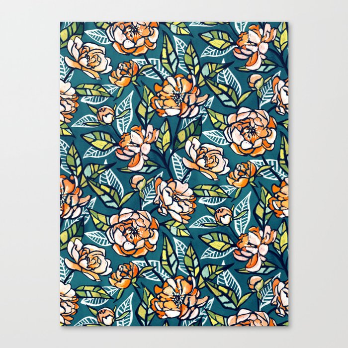 Chalk Pastel Peonies in Peach, Teal and Green Canvas Print