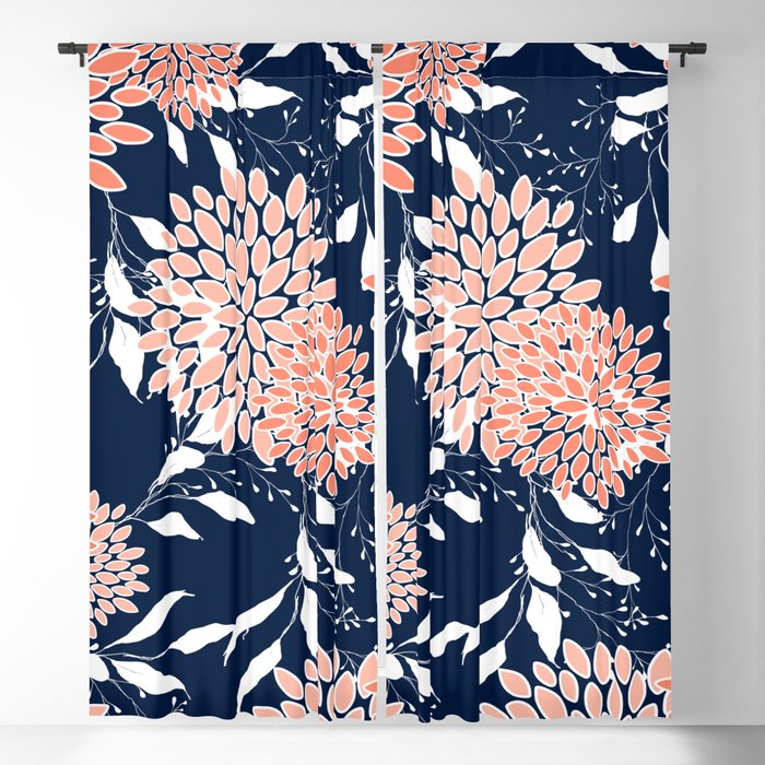 Floral Blooms and Leaves, Navy, Coral and White Blackout Curtain