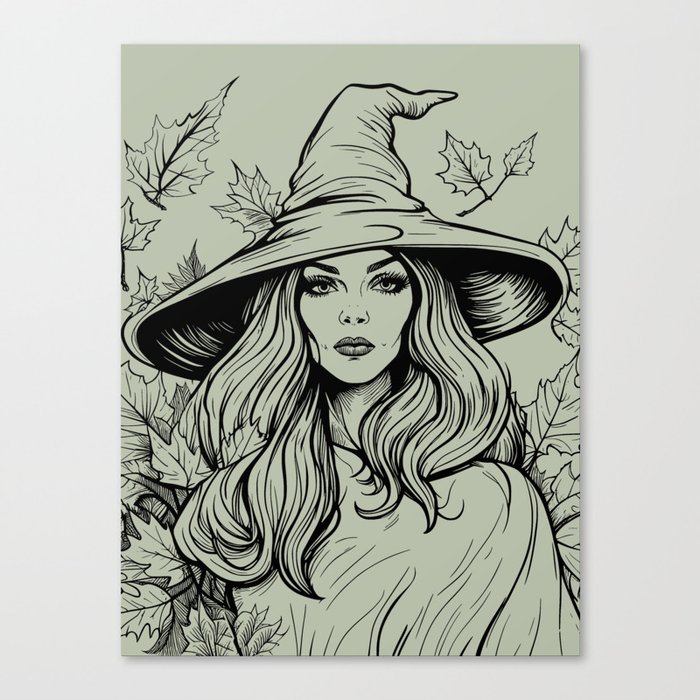 Witch and Autumn Leaves Vintage Horror Halloween Black Green Sage Canvas Print