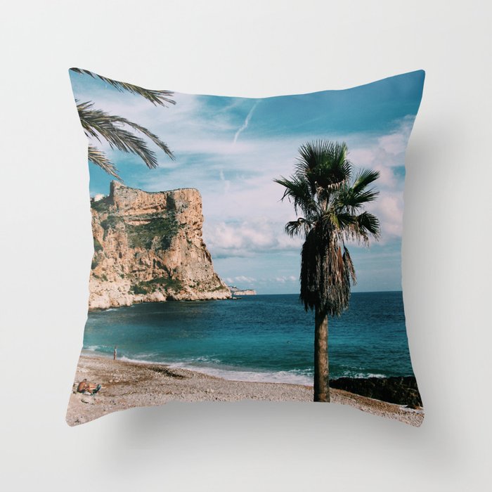 Spain Photography - Beautiful Beach Surrounded By Palm Trees And Hills  Throw Pillow