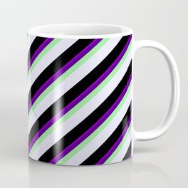 [ Thumbnail: Eyecatching Dark Violet, Indigo, Light Green, Lavender & Black Colored Stripes Pattern Coffee Mug ]