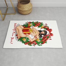 Pinup girl with Christmas gift sit | Happy new year! Rug