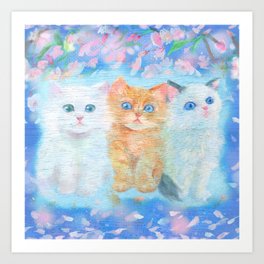 Seamless pattern of three cute kittens watching cherry blossom petals fall. Art Print | Flower, Animal, Leaf, Youngleaf, Petal, Whitecat, Westerncat, Spring, Beautiful, Child 