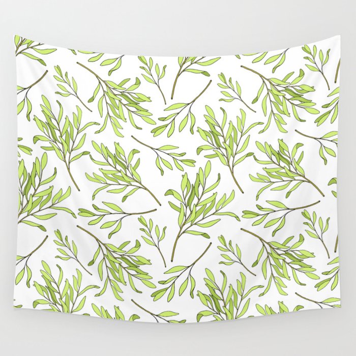 Tea tree leaves seamless pattern. Hand drawn vintage illustration of Melaleuca. Green medicinal plant isolated on white background.  Wall Tapestry