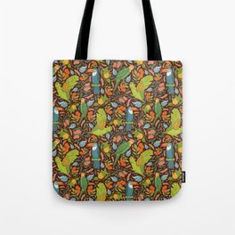 Turquoise toucan with green cockatoo amoung exotic fruits on dark background Tote Bag