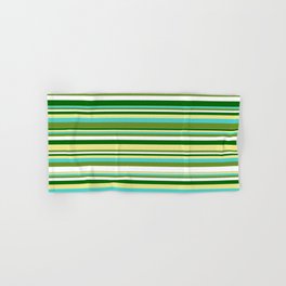 [ Thumbnail: Tan, Turquoise, Green, White, and Dark Green Colored Pattern of Stripes Hand & Bath Towel ]
