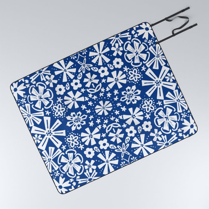 Navy Blue Folk Art Flowers Retro Modern Pattern Picnic Blanket
