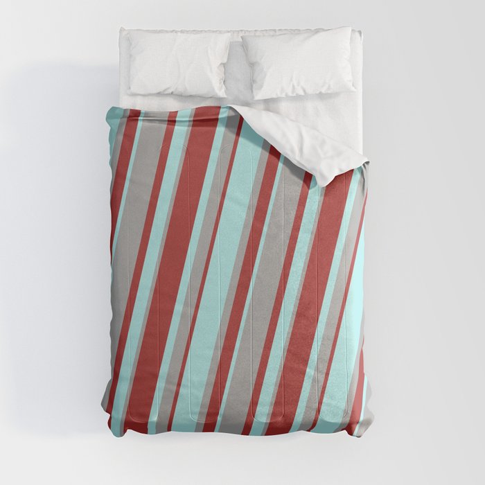 Turquoise, Dark Gray, and Brown Colored Lined/Striped Pattern Comforter