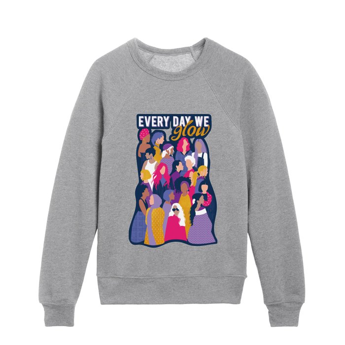 Every day we glow International Women's Day // midnight navy blue background purple, violet, very peri fuchsia pink and gold humans  Kids Crewneck