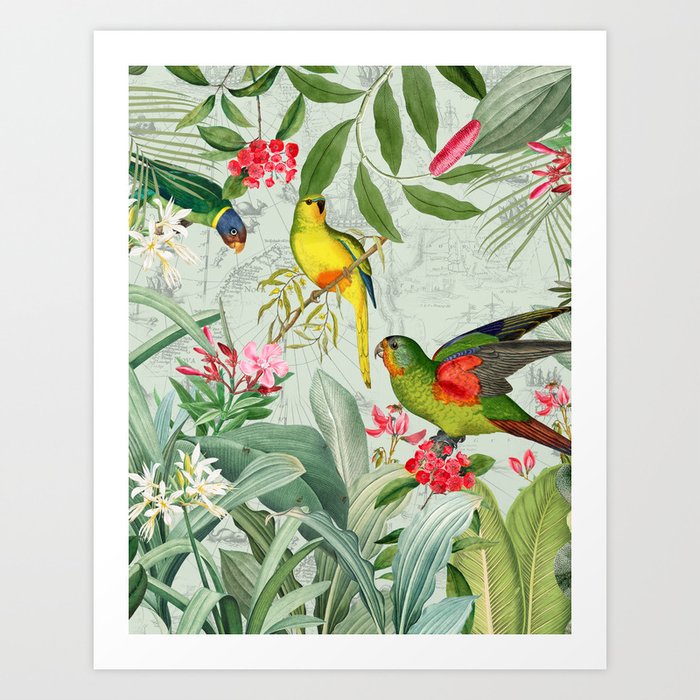Colorful Parrots In Vintage Rainforest Jungle Art Print