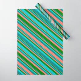 [ Thumbnail: Salmon, Green, Dark Turquoise, and Dark Cyan Colored Lines Pattern Wrapping Paper ]