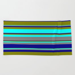 [ Thumbnail: Green, Cyan, Grey, and Dark Blue Colored Striped Pattern Beach Towel ]