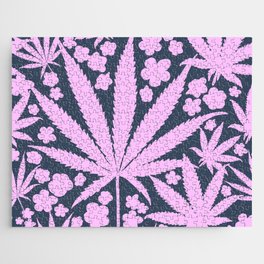 Modern Retro Cannabis And Flowers Pink On Navy Jigsaw Puzzle