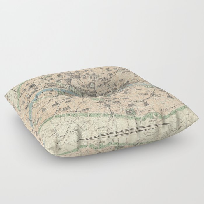 Paris Its Monuments. Practical Visitor's Guide.-Old vintage map Floor Pillow