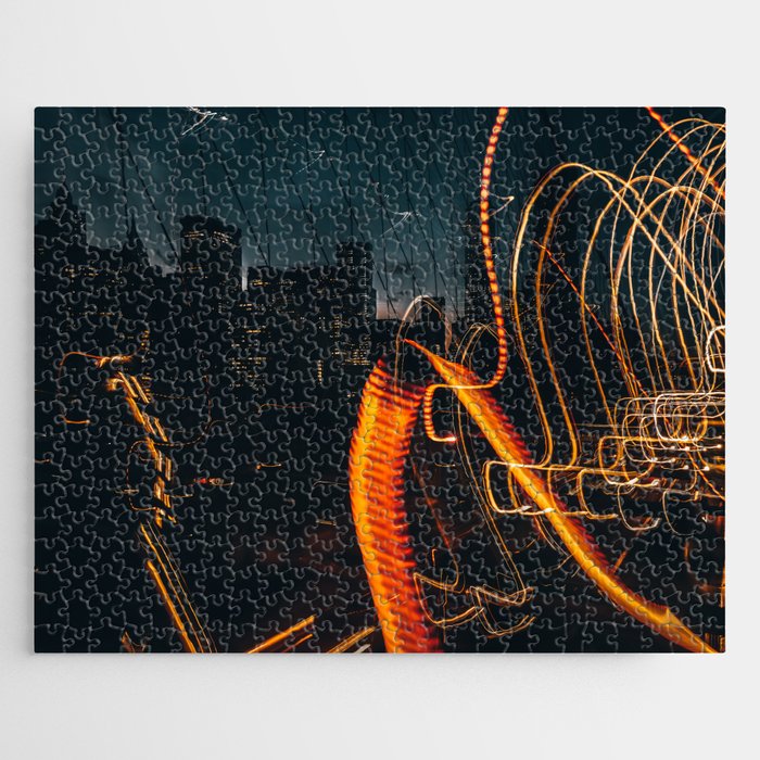 New York City Manhattan skyline from the Brooklyn Bridge at night Jigsaw Puzzle