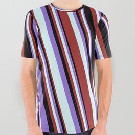 [ Thumbnail: Purple, Light Cyan, Brown, and Black Colored Striped/Lined Pattern All Over Graphic Tee ]