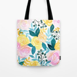 Tropical Pink Teal + Yellow Floral Print  Tote Bag