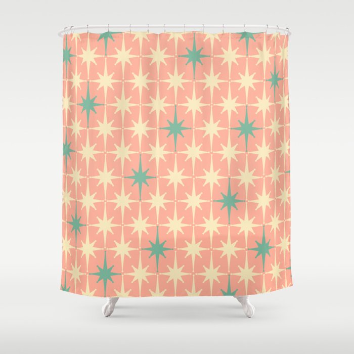 Mid-Century Modern Atomic Stars Pattern Blush Pink Teal Mint Cream Shower Curtain