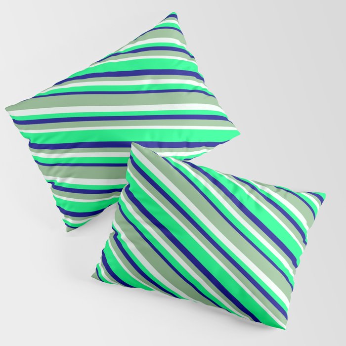 Dark Sea Green, Mint Cream, Green, and Blue Colored Striped Pattern Pillow Sham
