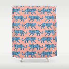 Kitty Parade - Blue on Coral Shower Curtain