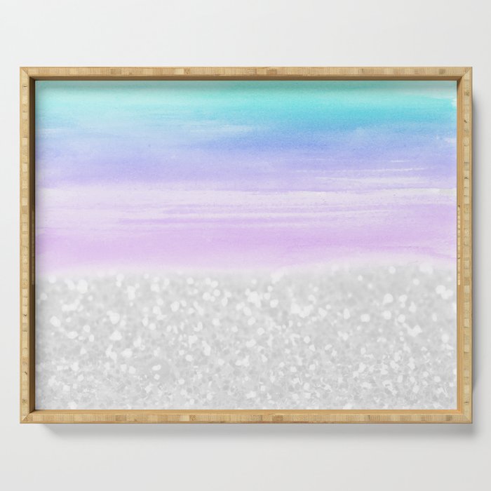 Artistic teal lavender pink white glitter watercolor Serving Tray
