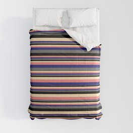 [ Thumbnail: Vibrant Beige, Light Coral, Midnight Blue, Dim Gray, and Black Colored Pattern of Stripes Comforter ]